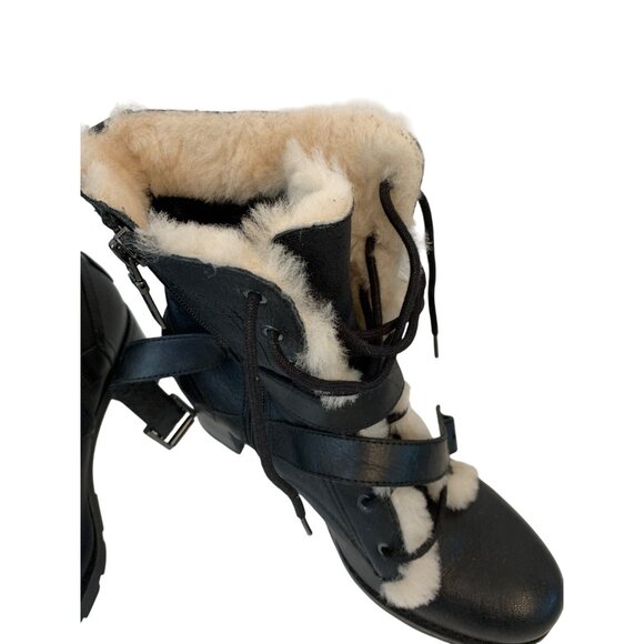 UGG Ingrid Biker Black Leather Sheep Skin Ankle Boots Lace Up Buckle Sz 7 9018 - Picture 8 of 9